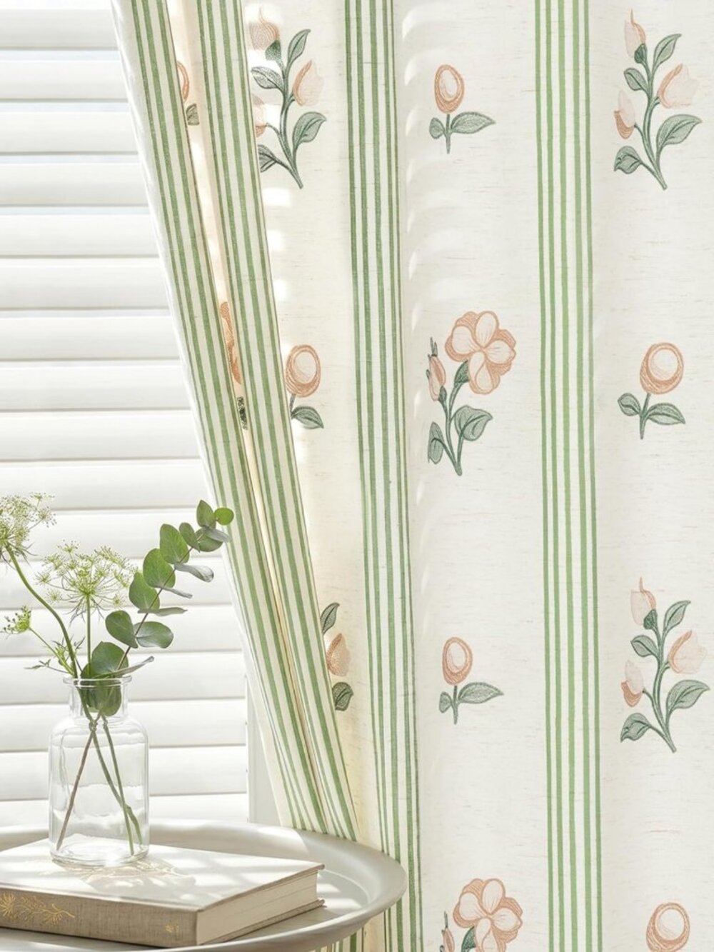 Linen Blend Pinch Pleat Curtains, Green Stripe Floral Design, 40"W x 90"L